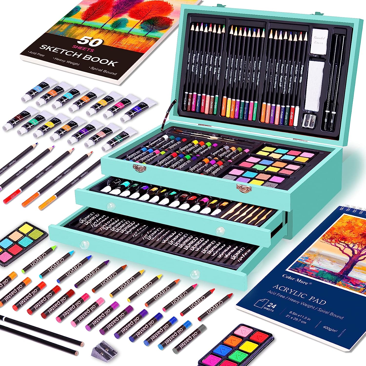 175 Piece Deluxe Art Set with 2 Drawing Pads, Acrylic Paints,Crayons,Colored Pencils,Paint Set in Wooden Case,Professional Art Kit,Art Supplies for Adults,Teens and Artist,Paint Supplies - Image 4